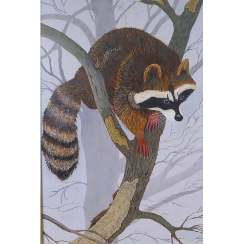 849 - Stan Bathurst, racoon in a tree, fox in a tree and deer in a glade, three oils on board, largest 50 ... 