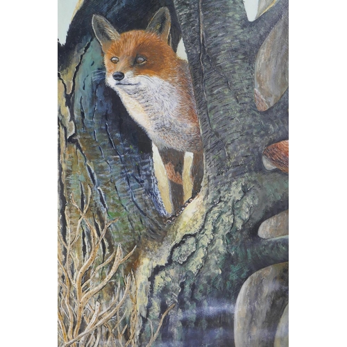 849 - Stan Bathurst, racoon in a tree, fox in a tree and deer in a glade, three oils on board, largest 50 ... 