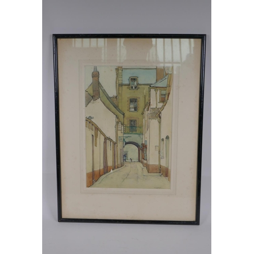 851 - Ruth Gervis (British, 1894-1988), quiet French street scene, pencil signed, watercolour, 25 x 36cm