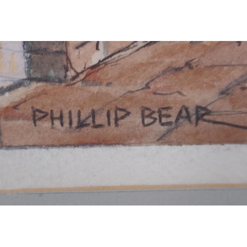 856 - Phillip Bear, C20th village path by a public house and cottages, signed, watercolour, 25 x 34cm