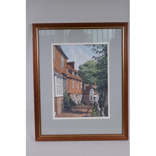 856 - Phillip Bear, C20th village path by a public house and cottages, signed, watercolour, 25 x 34cm