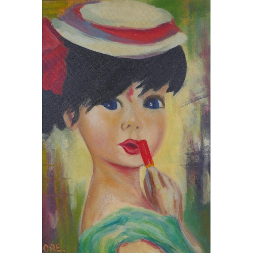 857 - A. Moore, 1967, portrait of a girl applying lipstick, oil on board, 46 x 50cm