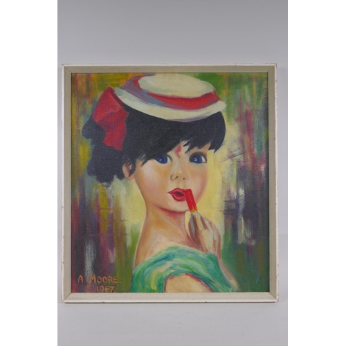 857 - A. Moore, 1967, portrait of a girl applying lipstick, oil on board, 46 x 50cm