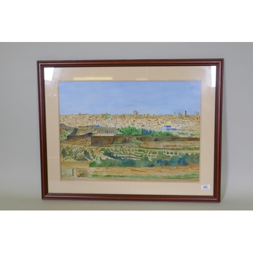 862 - Jerusalem from the Mount of Olives, signed indistinctly, watercolour, 59 x 41cm