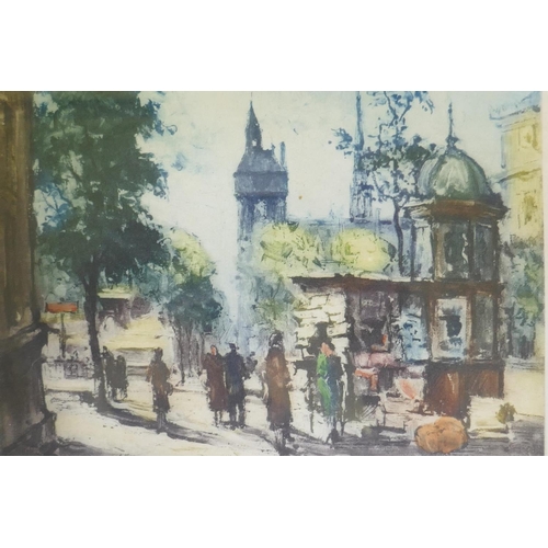 863 - Paris, four street scenes, aquatints, signed indistinctly Baiou?, early/mid C20th, 21 x 17cm and ano... 