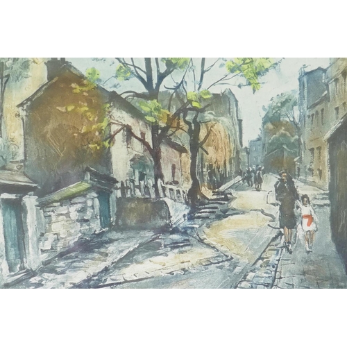 863 - Paris, four street scenes, aquatints, signed indistinctly Baiou?, early/mid C20th, 21 x 17cm and ano... 