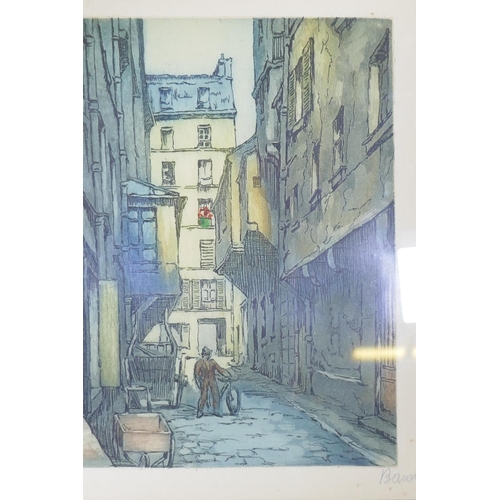 863 - Paris, four street scenes, aquatints, signed indistinctly Baiou?, early/mid C20th, 21 x 17cm and ano... 