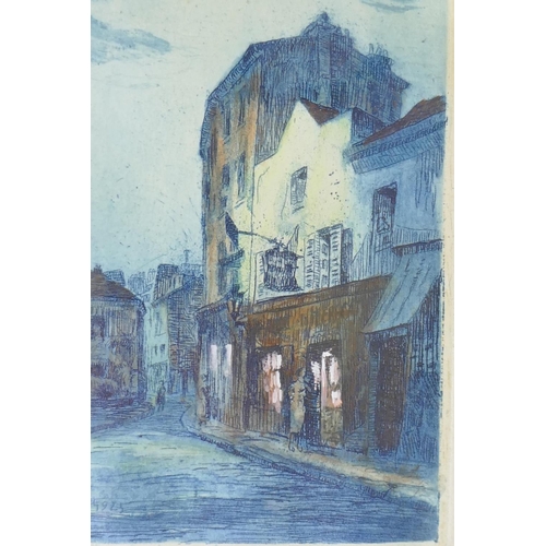 863 - Paris, four street scenes, aquatints, signed indistinctly Baiou?, early/mid C20th, 21 x 17cm and ano... 