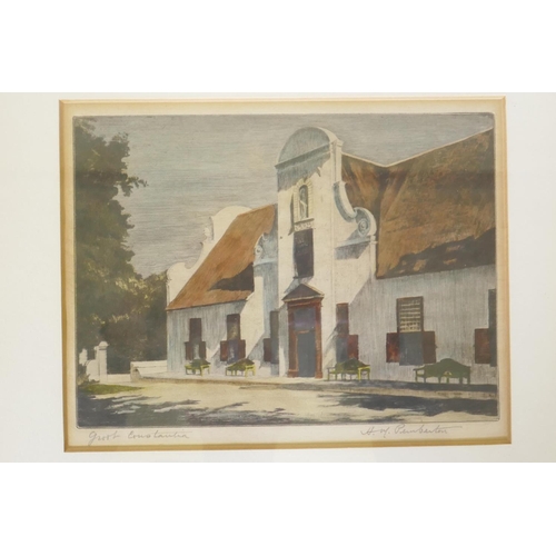 864 - H.M. Pemberton, a Leeuwfontaine aquatint, signed, and another Groot Constantia, 20 x 15cm, and anoth... 