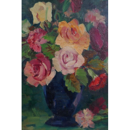 866 - After A.E. Rice, still life, roses in a vase, signed, oil on board, 30 x 41cm