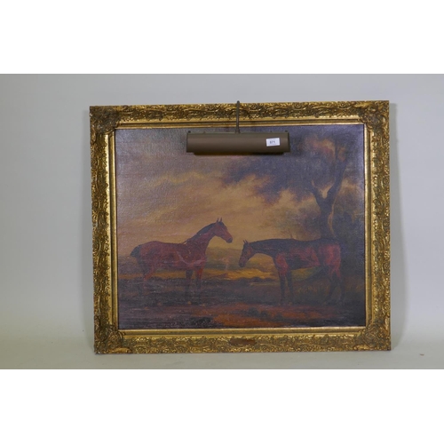 871 - Two bay hunters in a landscape, unsigned oil on canvas, in a gilt frame bearing label Peter Watts 18... 