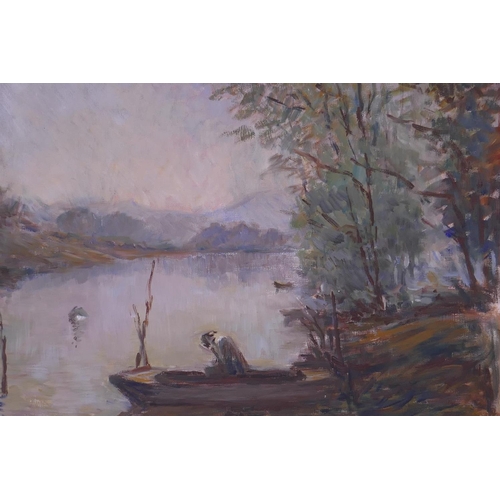 872 - Anita Carr, landscape with boatman, oil on artist's board, monogramed, 40 x 50cm