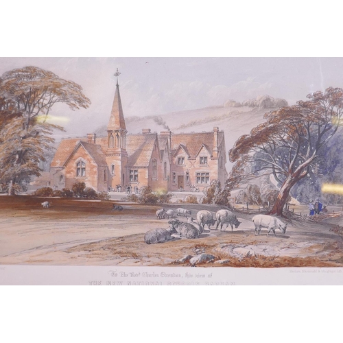 873 - A C19th coloured lithograph, The New National Schools, Barham, dedicated ro Rev. Charles Oxendon, by... 