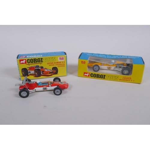 89 - Corgi 158 Lotus Climax F/1 with driver controlled steering, and Corgi 159 Cooper Maserati F/1, both ... 