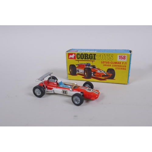 89 - Corgi 158 Lotus Climax F/1 with driver controlled steering, and Corgi 159 Cooper Maserati F/1, both ... 