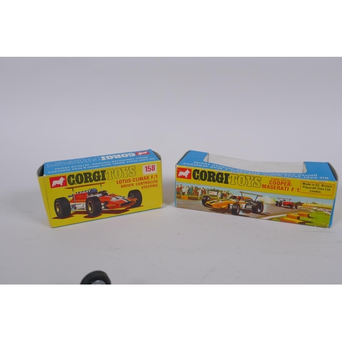 89 - Corgi 158 Lotus Climax F/1 with driver controlled steering, and Corgi 159 Cooper Maserati F/1, both ... 