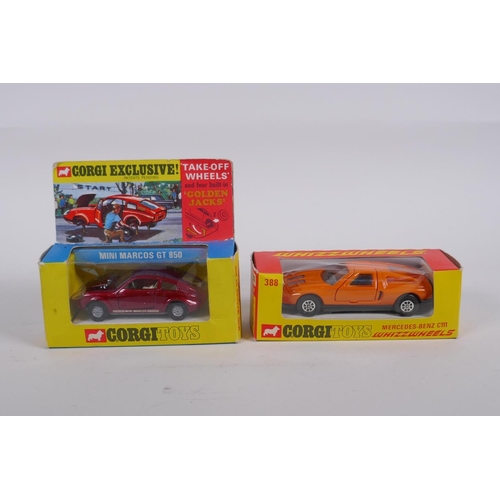 91 - Corgi 388 Mercedes Benz C111, Whizzwheels in original box, a Corgi 341 Mini Marcos GT850, with take-... 