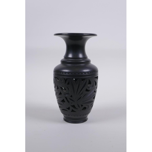 317 - A Chinese black ground YiXing reticulated vase, impressed marks to base, 15cm high