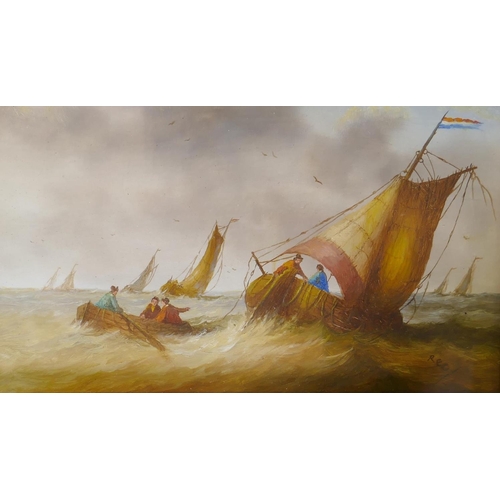 864 - Dutch fishing boats off the coast, a pair, signed R.E.C., C20th, oil on panel