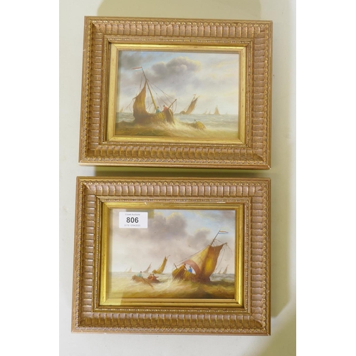 864 - Dutch fishing boats off the coast, a pair, signed R.E.C., C20th, oil on panel