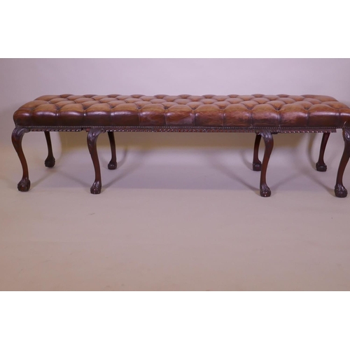 1003 - A mahogany bench raised on cabriole legs with claw and ball feet and a buttoned leather seat, 192 x ... 