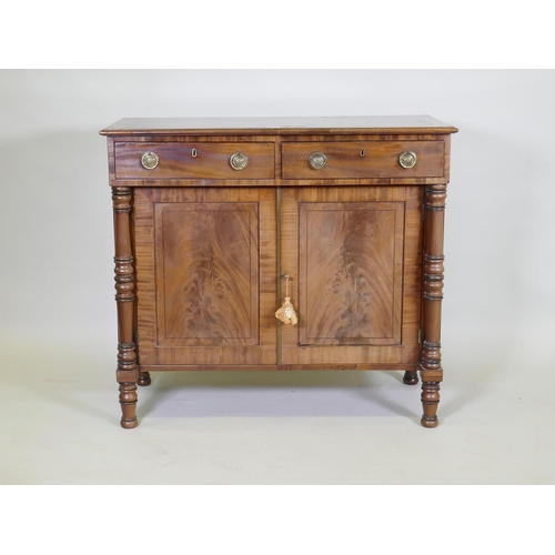 1007 - A Regency figured mahogany chiffonier with turned supports, 102 x 49cm, 91cm high