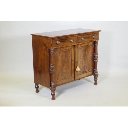 1007 - A Regency figured mahogany chiffonier with turned supports, 102 x 49cm, 91cm high