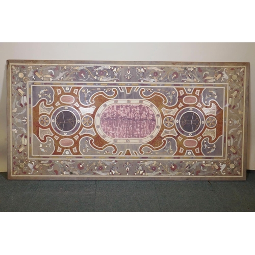 1011 - A stone specimen inlaid table top with a slate bed/support, AF, 214 x 106cm