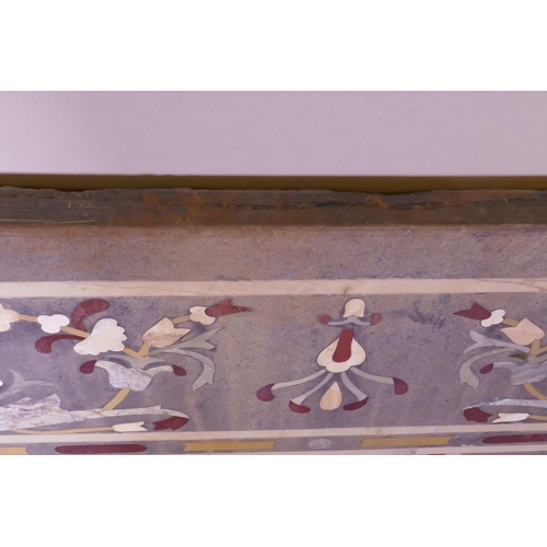 1011 - A stone specimen inlaid table top with a slate bed/support, AF, 214 x 106cm