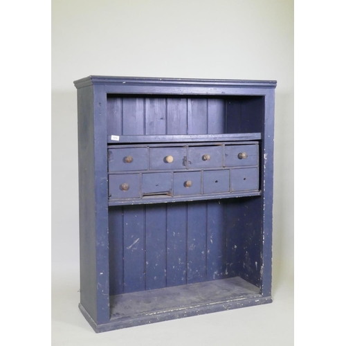 1016 - A painted pine open cabinet with an associated mahogany nest of drawers, 103cm x 39cm, 123cm high