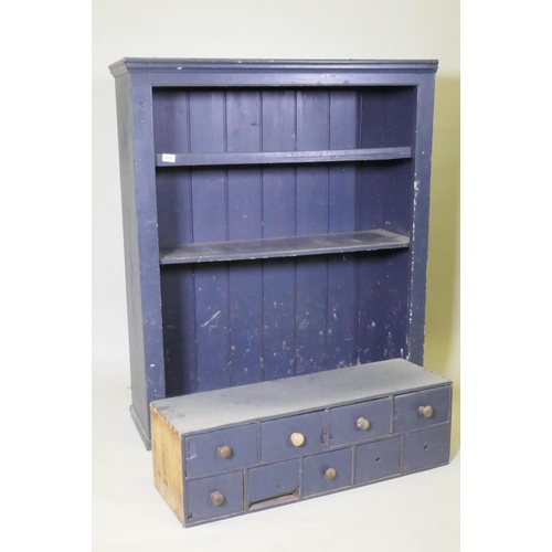 1016 - A painted pine open cabinet with an associated mahogany nest of drawers, 103cm x 39cm, 123cm high