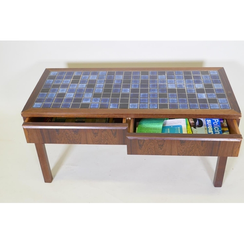 1026 - A mid century rosewood two drawer side table, with inset tile top, 92 x 42 x 44cm