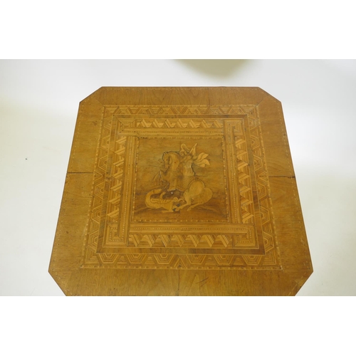 1034 - A C19th walnut marquetry inlaid Sorrento table decorated with George and the dragon, with a single d... 