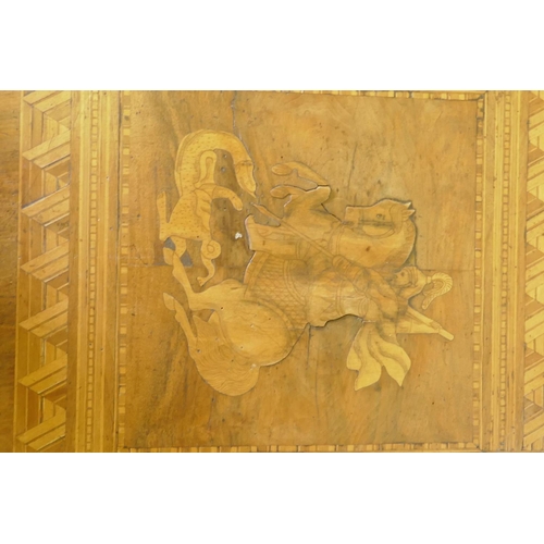 1034 - A C19th walnut marquetry inlaid Sorrento table decorated with George and the dragon, with a single d... 