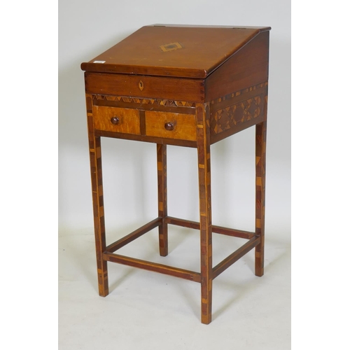 1035 - An antique parquetry inlaid child's bureau, with two drawers and a fitted interior, adapted, 44 x 40... 