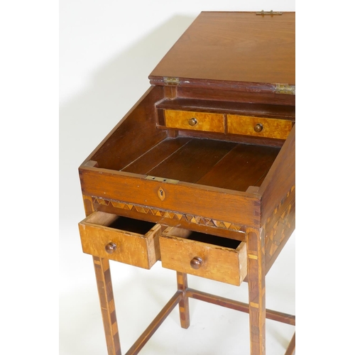 1035 - An antique parquetry inlaid child's bureau, with two drawers and a fitted interior, adapted, 44 x 40... 