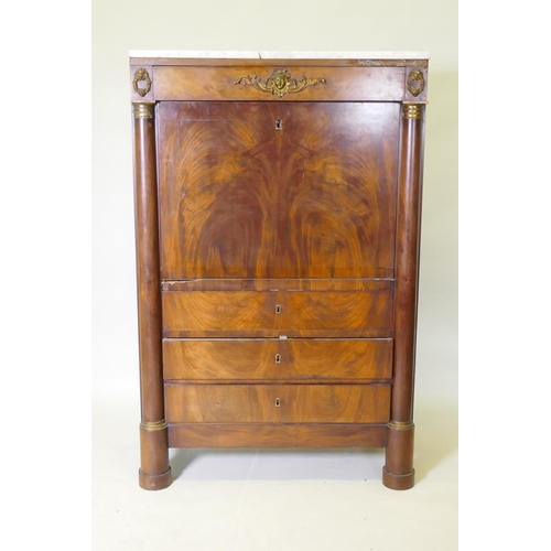 1041 - A C19th continental figured mahogany secretaire a abattant with ormolu mounts and marble top over si... 