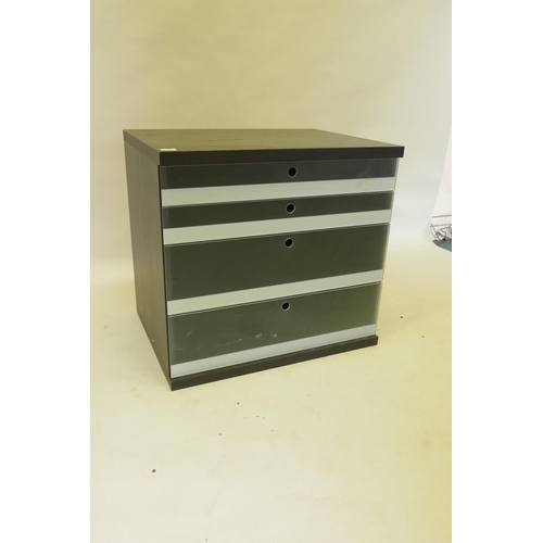 1047 - A black ash chest with four graduated glass front drawers, 72 x 54 x 67cm