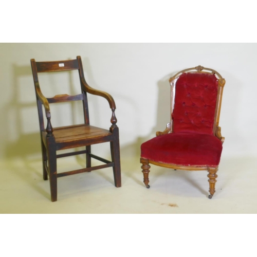 1053 - A Victorian carved walnut nursing chair, AF, and a C19th beechwood and elm open arm chair