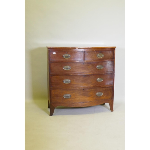 1059 - A Regency mahogany bow front chest of two over three drawers, with cockbeaded edges and brass plate ... 