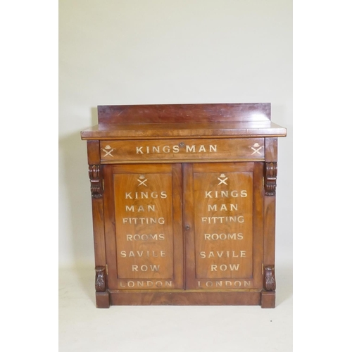 1062 - A C19th mahogany chiffonier with painted decoration and carved details, 96 x 47cm, 99cm high