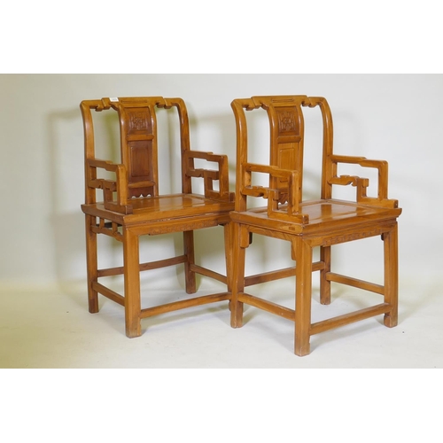 1070 - A pair of Chinese elm throne chairs, 56 x 44 x 96cm