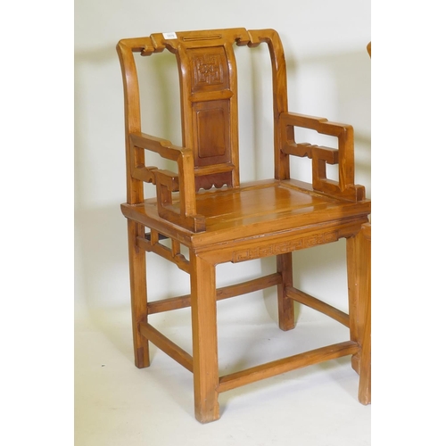 1070 - A pair of Chinese elm throne chairs, 56 x 44 x 96cm