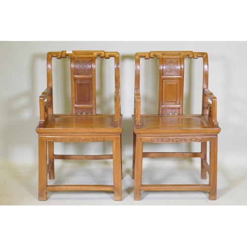 1070 - A pair of Chinese elm throne chairs, 56 x 44 x 96cm