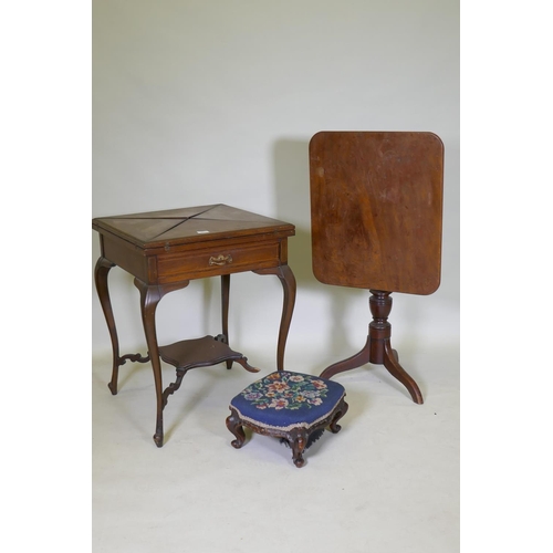 1074 - A Victorian inlaid mahogany envelope card table, 56 x 56 x 72cm, a Regency mahogany tilt top table, ... 