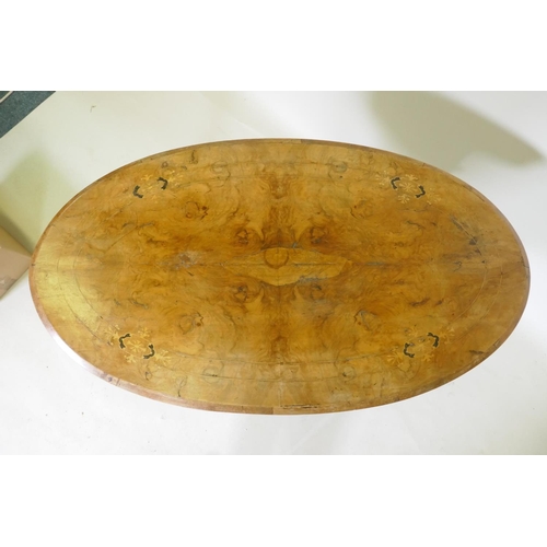 1080 - A C19th inlaid walnut stretcher table, with an oval top and turned supports, 91 x 51cm, 64cm high