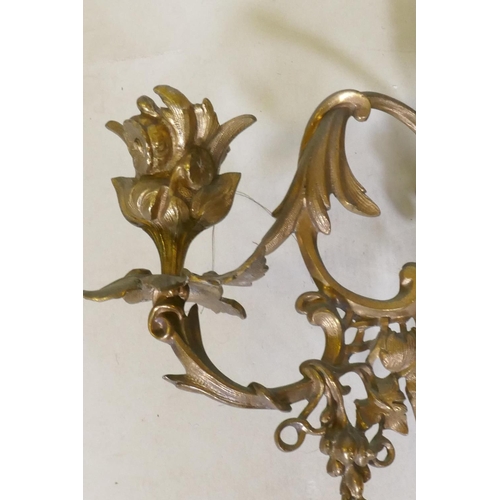 1087 - A C19th ormolu brass two branch girondelle, with original distressed silvered glass, 49cm high