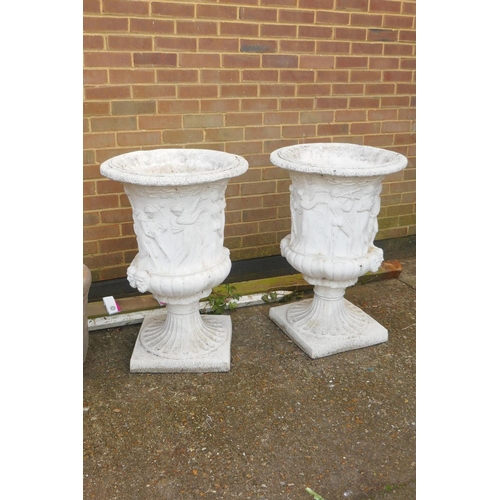 1088 - A pair of painted concrete garden urns, decorated with Greco-Roman figures, 90cm high x 60cm diamete... 