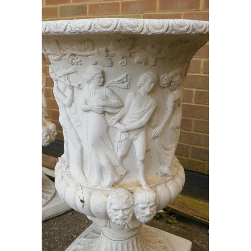 1088 - A pair of painted concrete garden urns, decorated with Greco-Roman figures, 90cm high x 60cm diamete... 