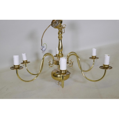 1091 - A Dutch style brass five branch ceiling lamp, 44cm drop